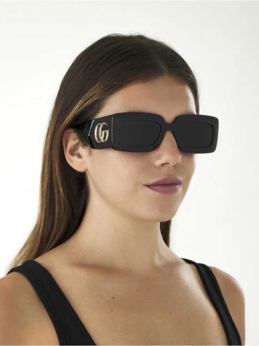 Gucci Black Rectangular Sunglasses with Gold GG Logo